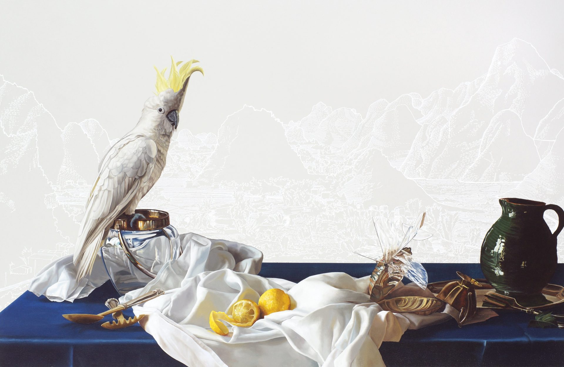 The Pride of the Western World-Stillleben mit Kakadu, huile sur toile, 70 x 100 cm, 2019, Collection privée